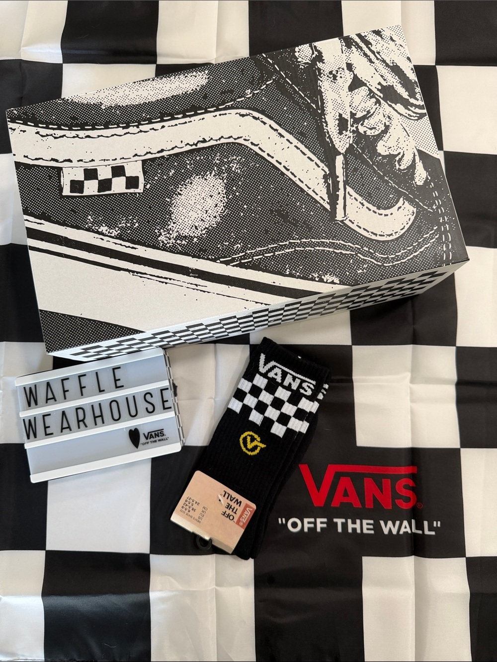 Vans Black White Checkerboard Crew Socks with Yellow Accent